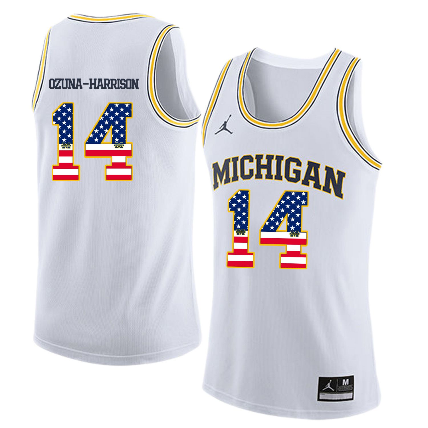 Men Jordan University of Michigan Basketball White #14 Ozuna-Harrison Flag Customized NCAA Jerseys->customized ncaa jersey->Custom Jersey